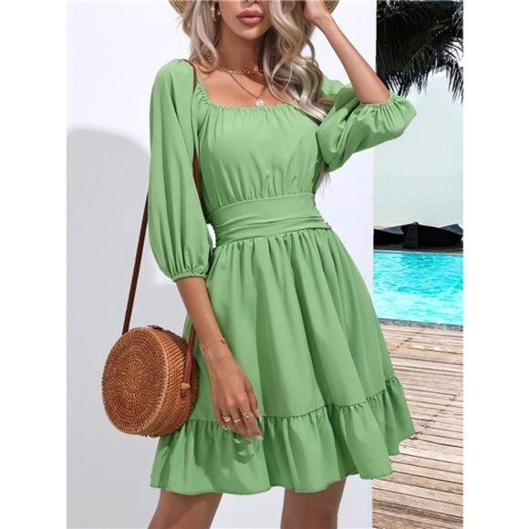 Tie Back Ruffled Hem Square Neck Dress - Picture 1 of 12